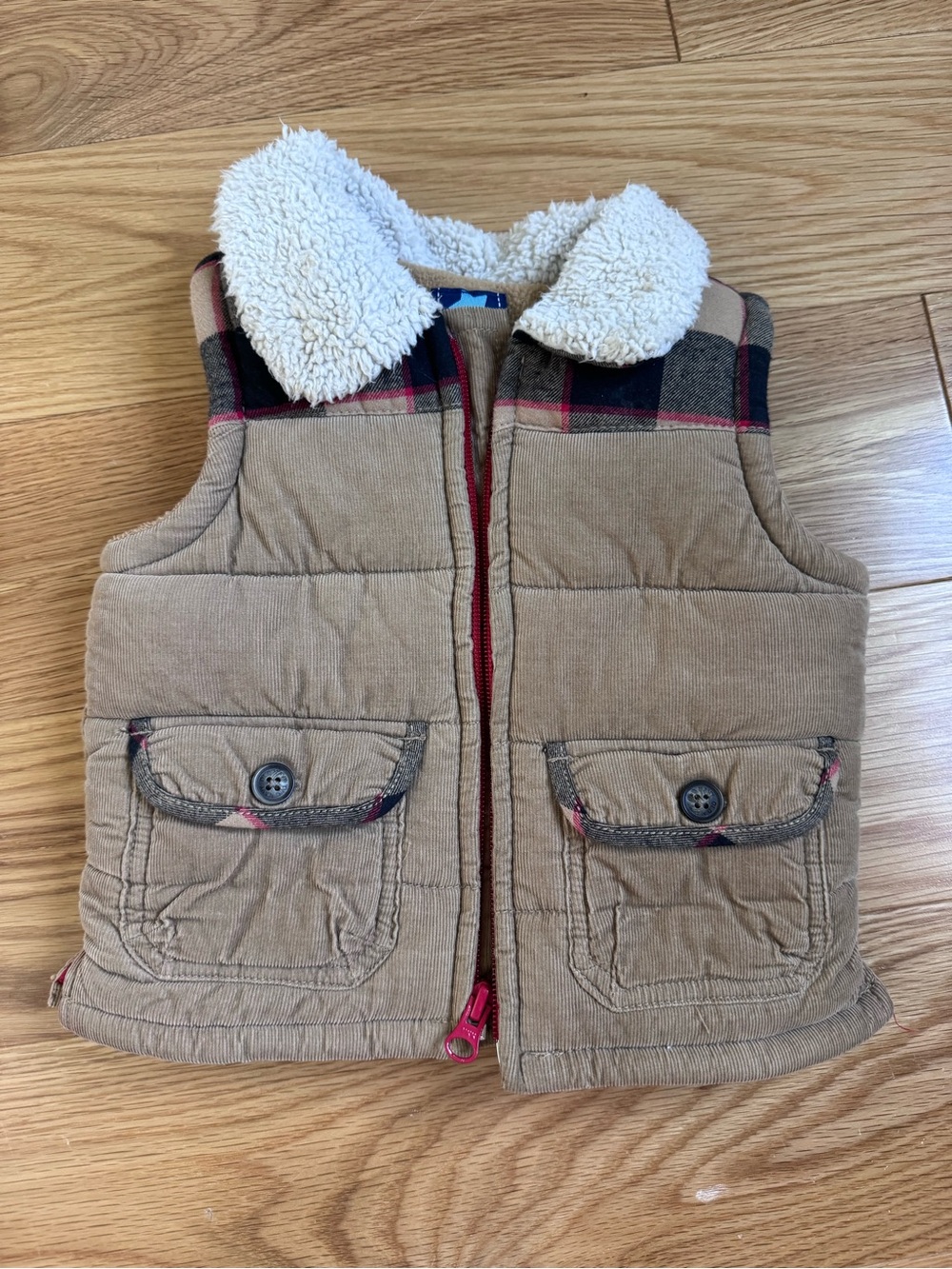 Old Navy Tan Corduroy Sherpa-Trim Vest with Plaid Accents